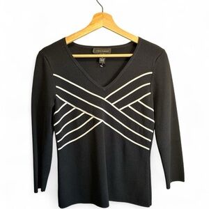 Black V-Neck Sweater with White Stripes